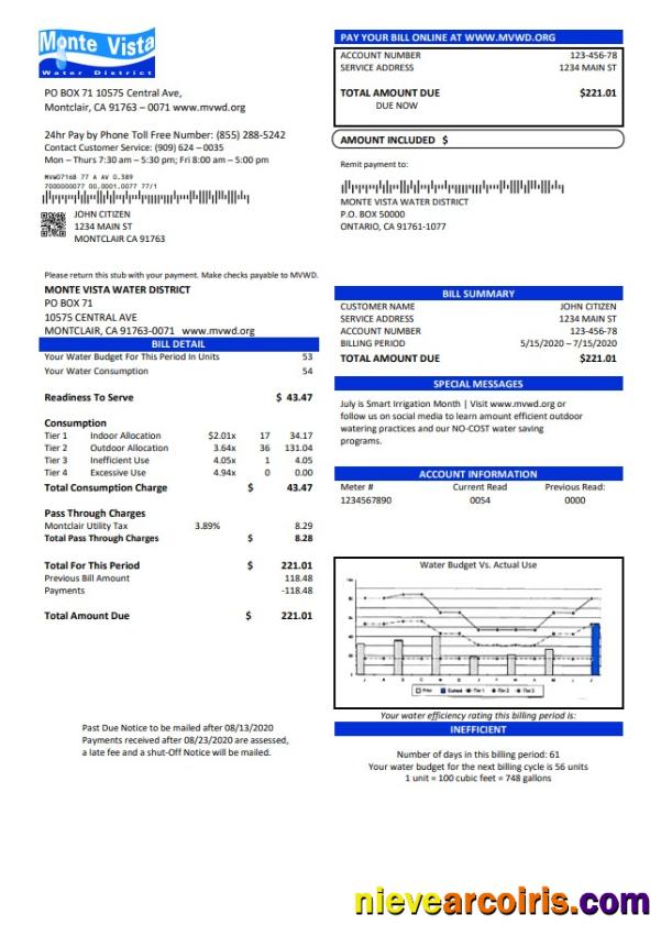 USA California Monte Vista Water District utility bill